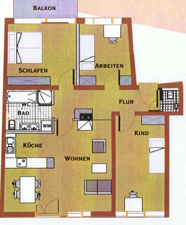 Grundriss mit offenem Wohn-, Ess- und Küchenbereich, drei Schlafzimmern, Bad, Gäste-WC und Balkon